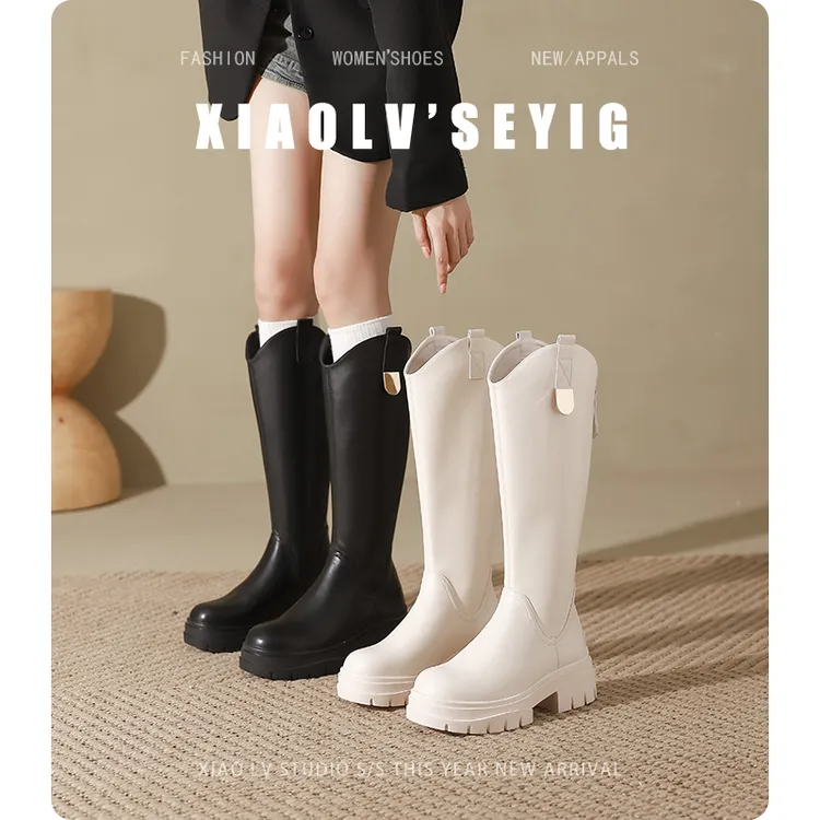 胖mm骑士靴厚底白色粗腿长筒靴大筒围高筒靴加宽高筒大码女靴子