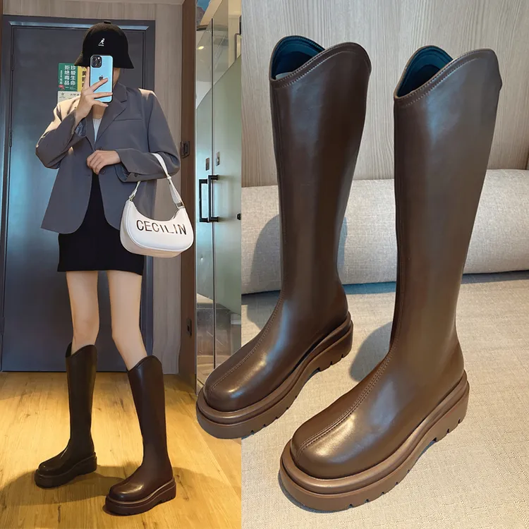 胖mm棕色骑士靴女棕色长靴粗腿厚底加大长筒靴加大加宽大码女靴