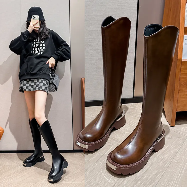 胖mm粗腿长筒靴高筒靴加宽显瘦骑士靴棕色美拉德靴子女黑色长筒靴
