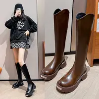 胖mm粗腿长筒靴高筒靴加宽显瘦骑士靴棕色美拉德靴子女黑色长筒靴