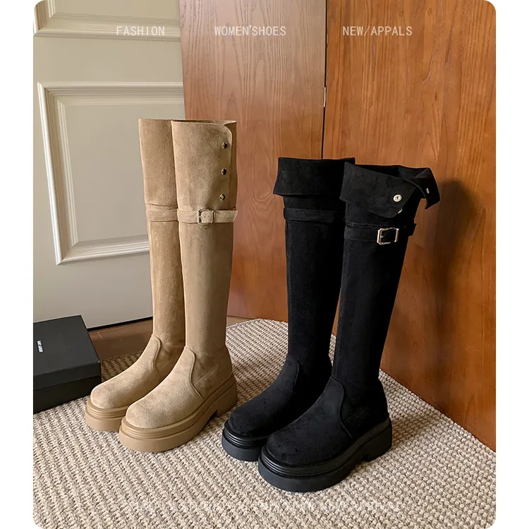 过膝长靴女秋冬厚底显瘦胖mm长筒靴大筒围粗腿美拉德高筒骑士靴子