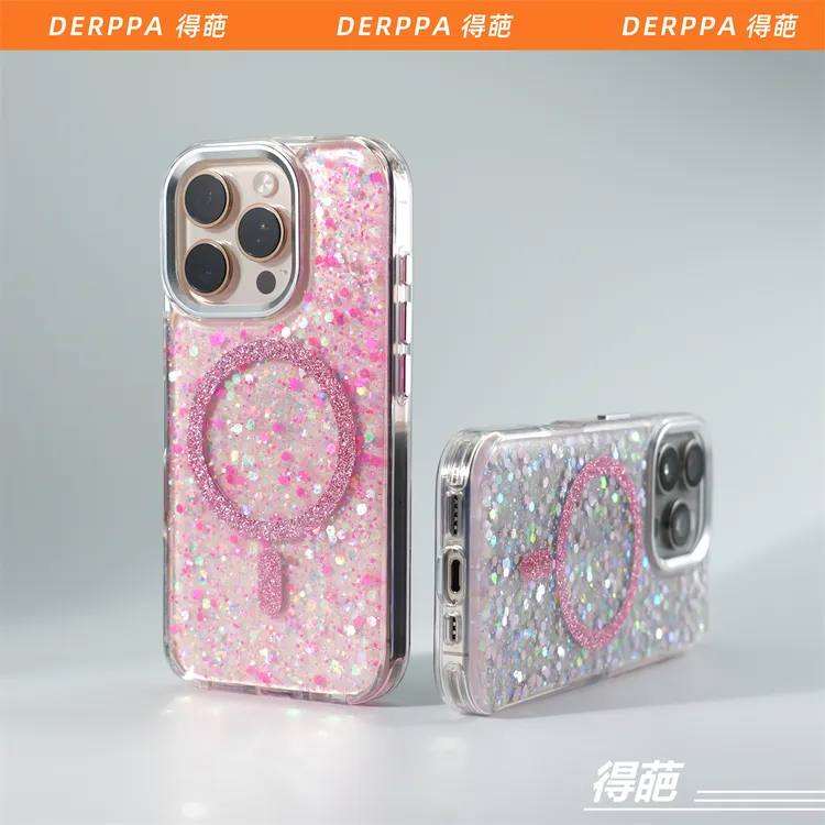 得葩高级闪粉苹果16promax磁吸手机壳iPhone15四角气囊防摔14/13