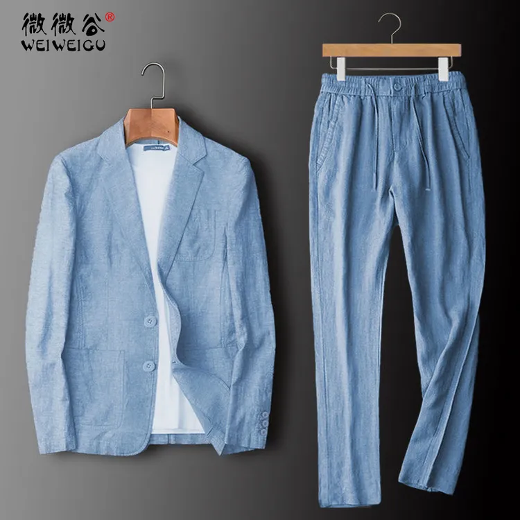 亚麻西服套装男春夏季潮流韩版帅气修身薄款休闲100%纯亚麻男套装
