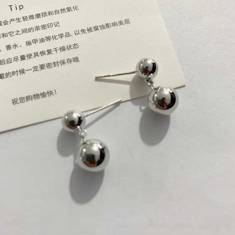 S925银针潮派日韩新款S耳钉女耳饰双球小众设计高级感金属球简约
