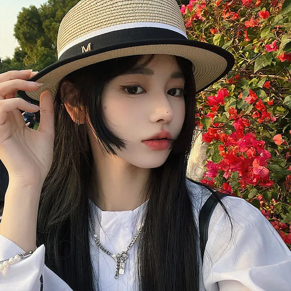 编织平顶草帽女夏季海边度假遮阳防晒帽字母防紫外线遮脸太阳礼帽