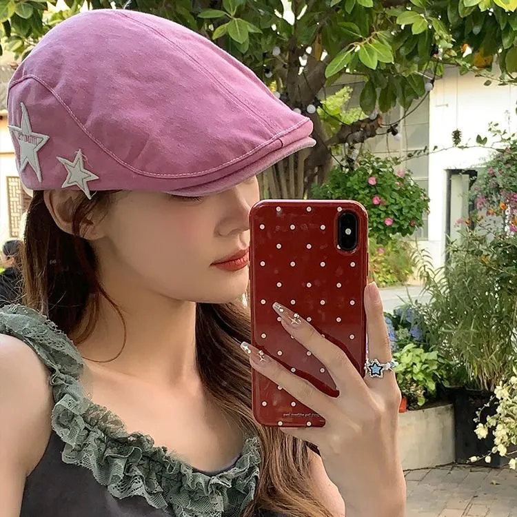 星星牛仔前进帽女辣妹复古贝雷帽大头围2024春夏新款帽子报童帽