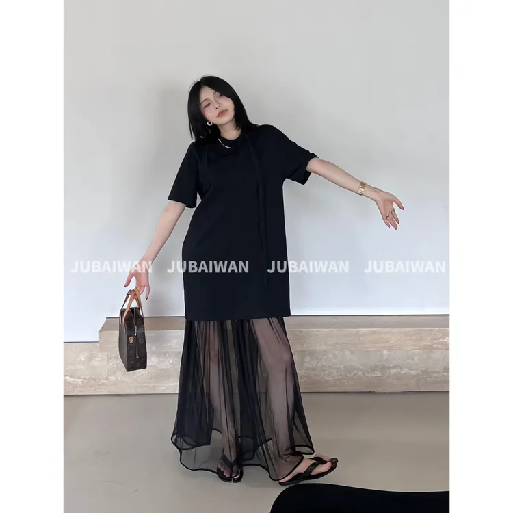 橘百万  原创别致正肩短袖T恤网纱裙套装高级感黑色显瘦连衣裙