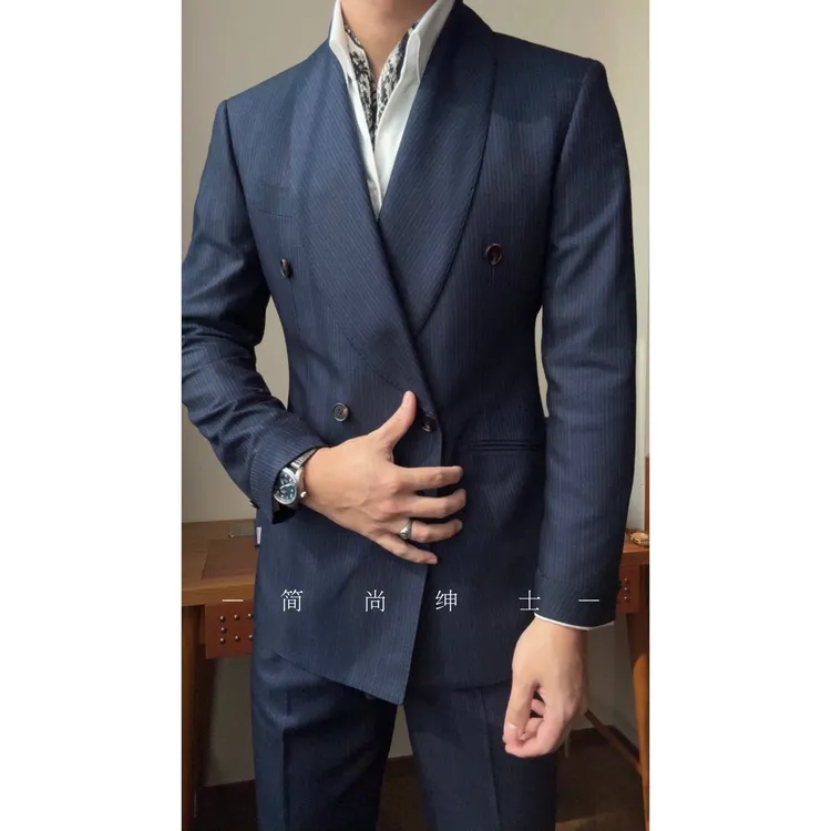 新款男士优雅绅士婚礼宴会青果领藏蓝条纹西服24195