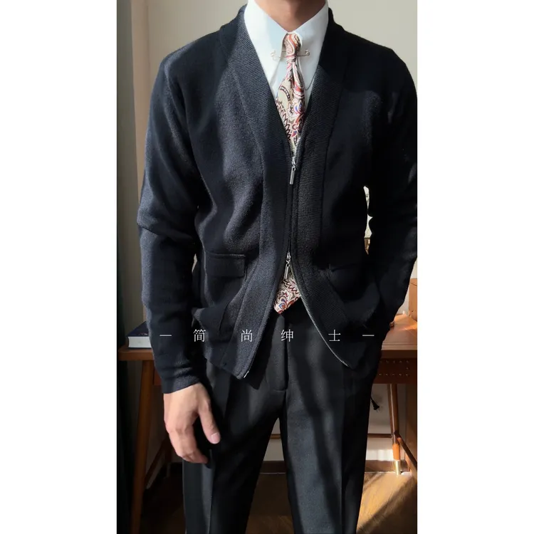 松弛感男士针织V领双拉链针织休闲毛衣长袖开衫962