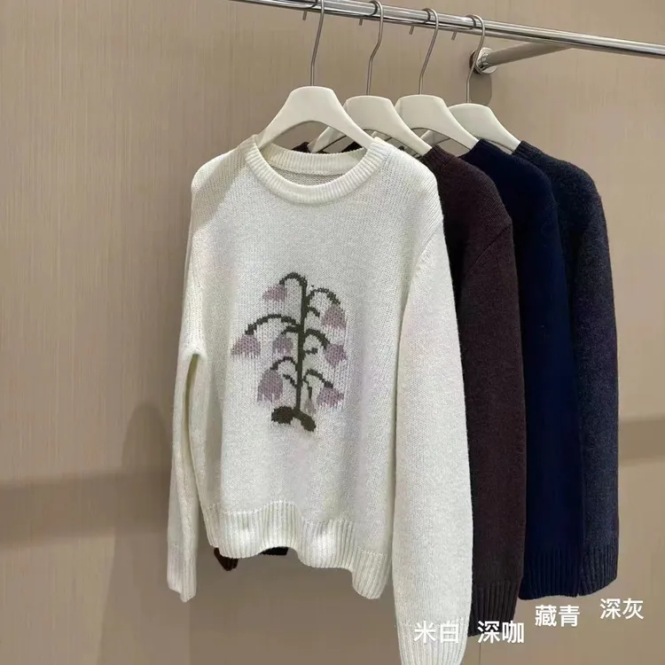韩系复古花朵提花圆领毛衣女百搭秋冬小个子针织轻奢毛衣