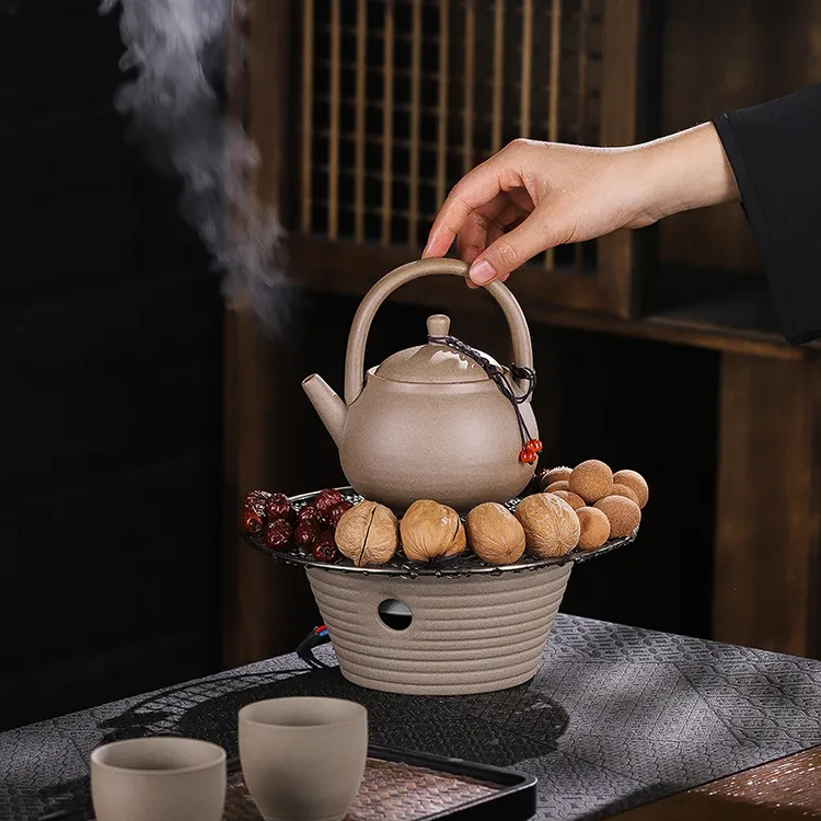 围炉煮茶电陶炉茶壶茶具手工陶瓷提梁壶粗陶烧水复古茶道烧烤架