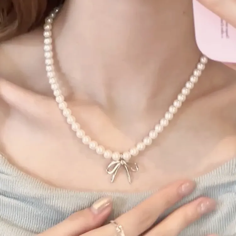 合金仿珍珠项链 蝴蝶结珍珠项链耳钉耳饰法式小众气质轻奢高级