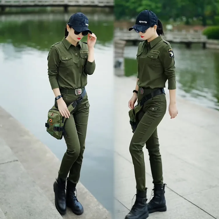 春秋款长袖长裤套装时尚衬衣领军旅风修身服大码军绿色女装t恤