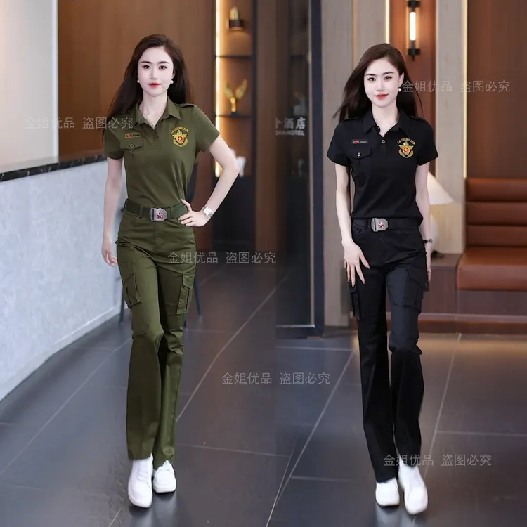 夏款短袖喇叭裤套装薄款时尚修身显瘦工装T恤迷彩服POLO领水兵舞