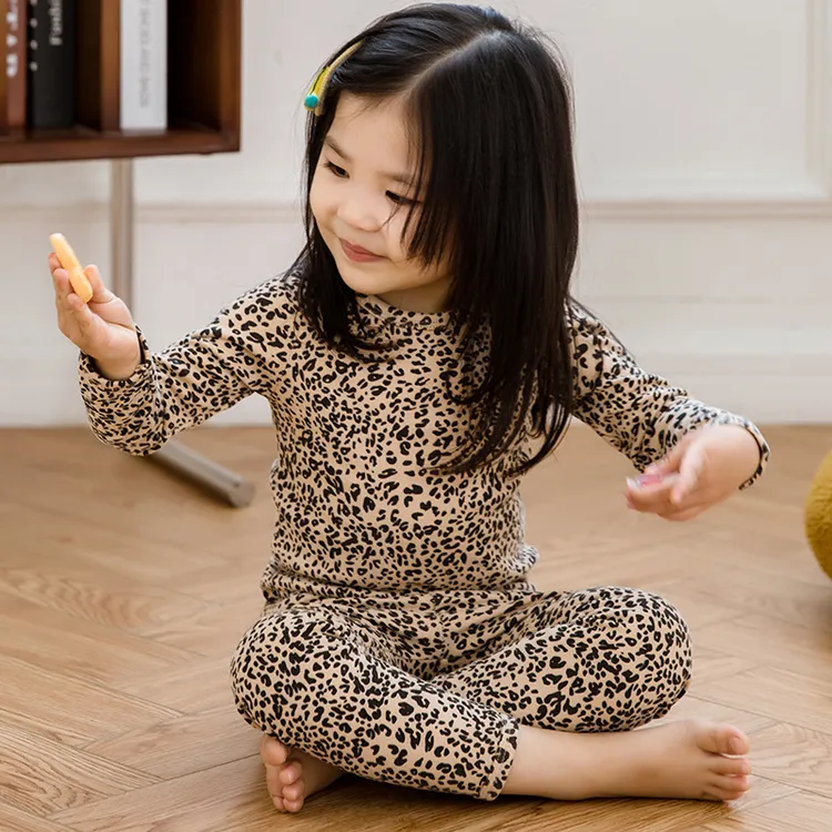 儿童秋衣秋裤宝宝春秋睡衣内衣套装男女童豹纹圆领家居服打底衫