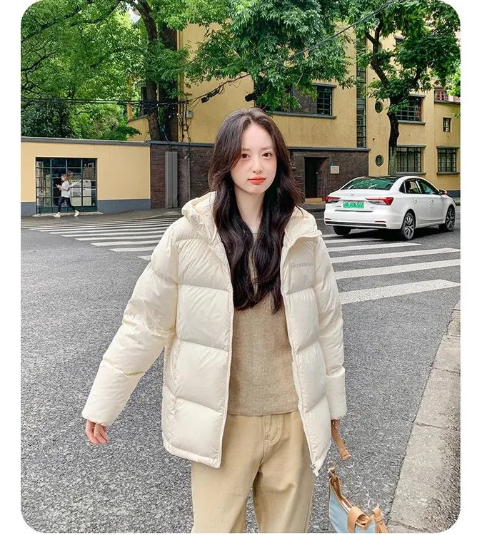 2024韩版连帽羽绒服女冬季保暖白鸭绒短款面包服