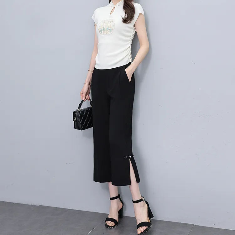 2025超火国风开叉七分阔腿裤女夏季薄款高腰垂感宽松显瘦九分裤子