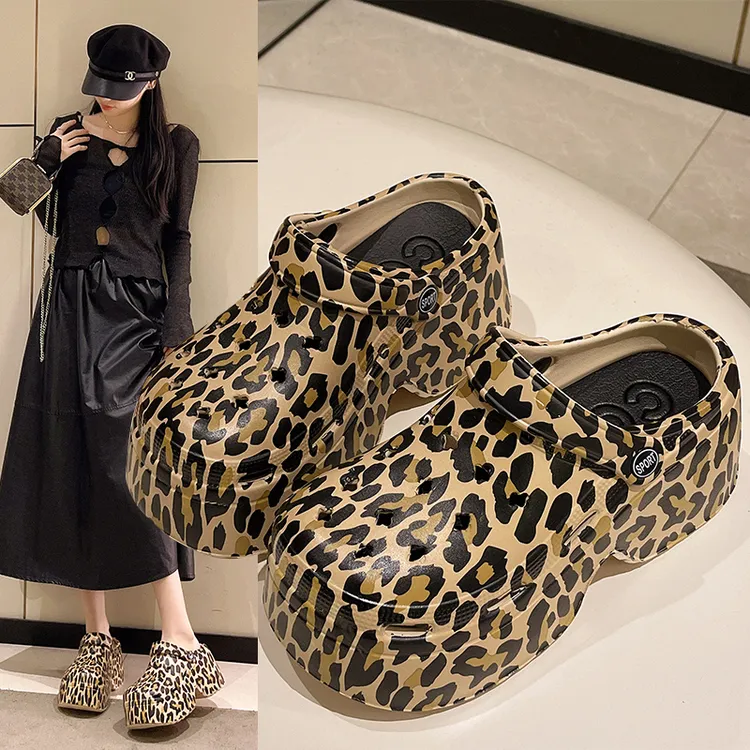 yoyo推荐】新款高跟豹纹洞洞鞋女凉鞋百搭夏外穿夏季厚底防滑拖鞋