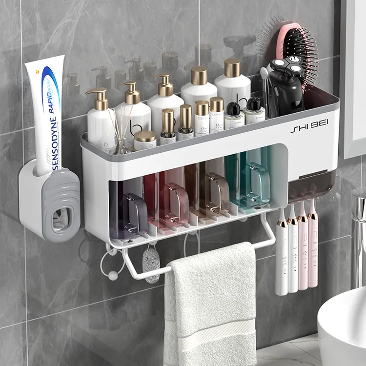 牙刷置物架壁挂式收纳免打孔牙缸挤牙膏神器卫生间漱口杯收纳架子