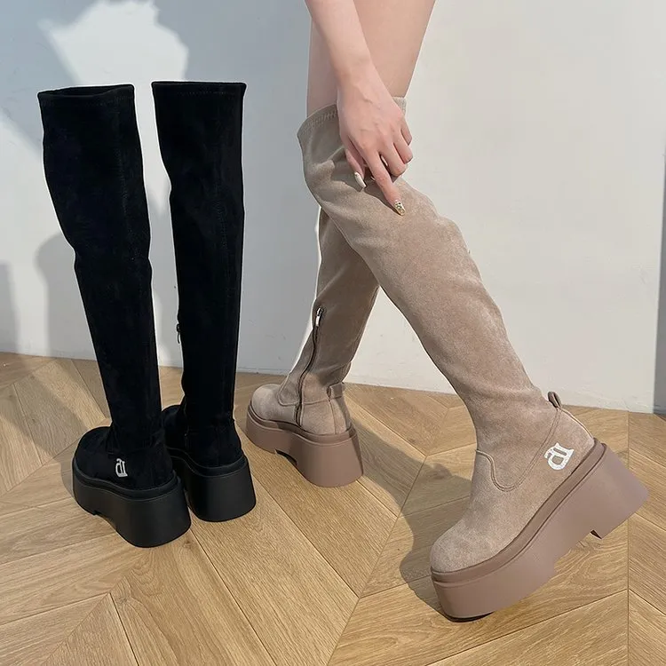 弹力瘦瘦靴女厚底高筒靴过膝小个子长筒靴女大筒围长靴