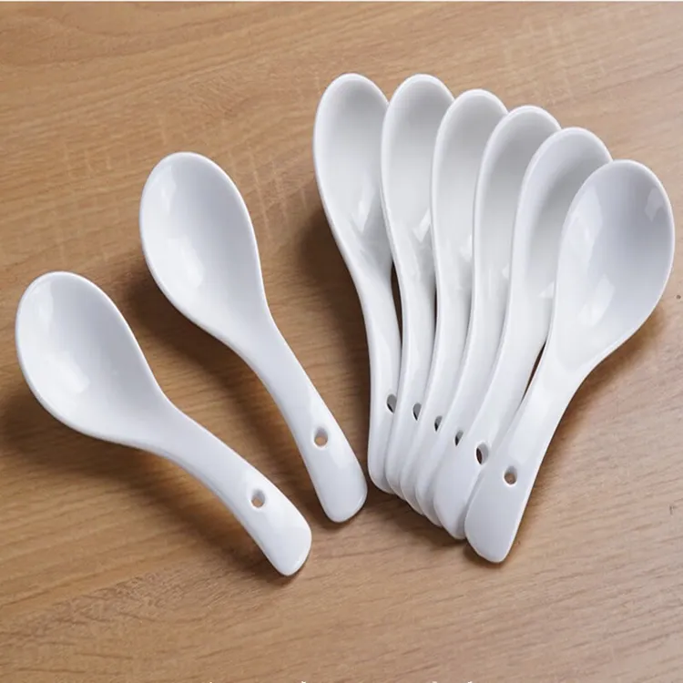 汤勺景德镇陶瓷勺10个装家用陶瓷小勺饭馆酒店餐厅纯白汤匙调羹