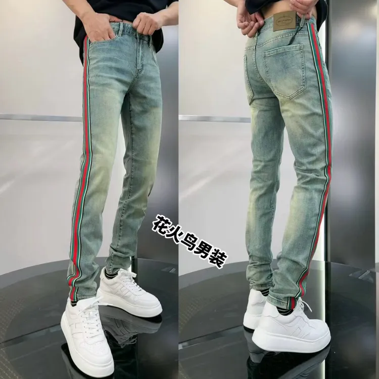 花火鸟夏季薄款 男士修身双侧织带潮流牛仔裤百搭男牛仔裤子8830