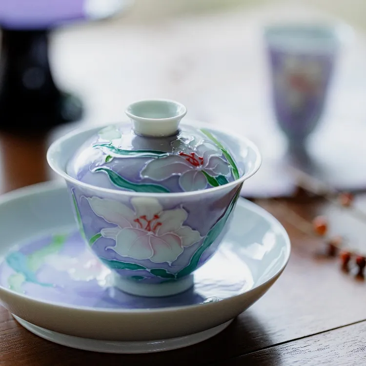 如是紫釉百合芬芳手绘泡茶白瓷盖碗主人杯茶承品茗杯茶具景德镇