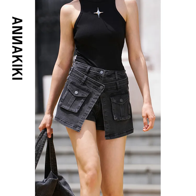 【AUNISEX专属】ANNAKIKI 走秀款双腰头叠片牛仔短裤女320316278A