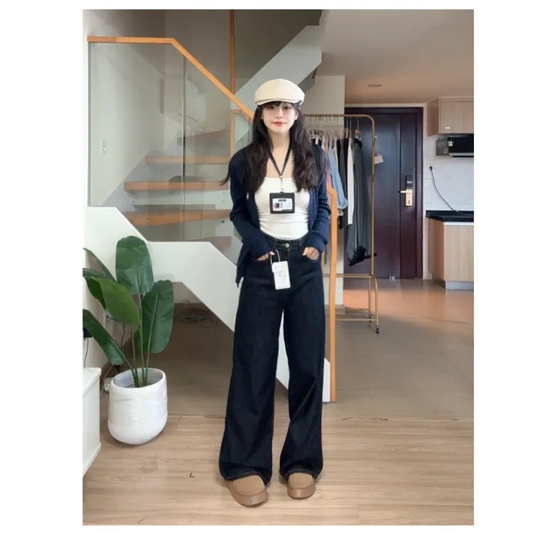 T316【RONZE潮流】美式春季原宿风蓝灰色阔腿牛仔裤高腰宽松拖地裤