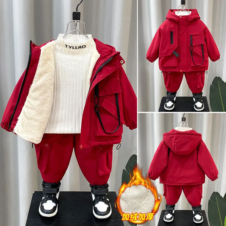 男童工装套装春秋2024新款宝宝秋冬装加绒外套洋气儿童加厚衣服潮