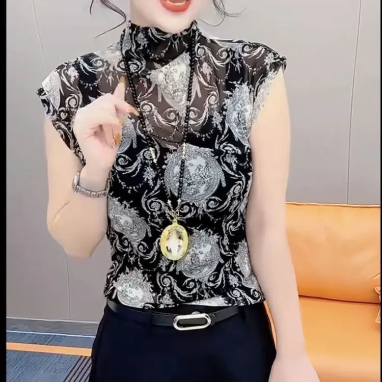 夏季新款小衫2023高级感欧货印花微透高弹力修身气质百搭女上衣