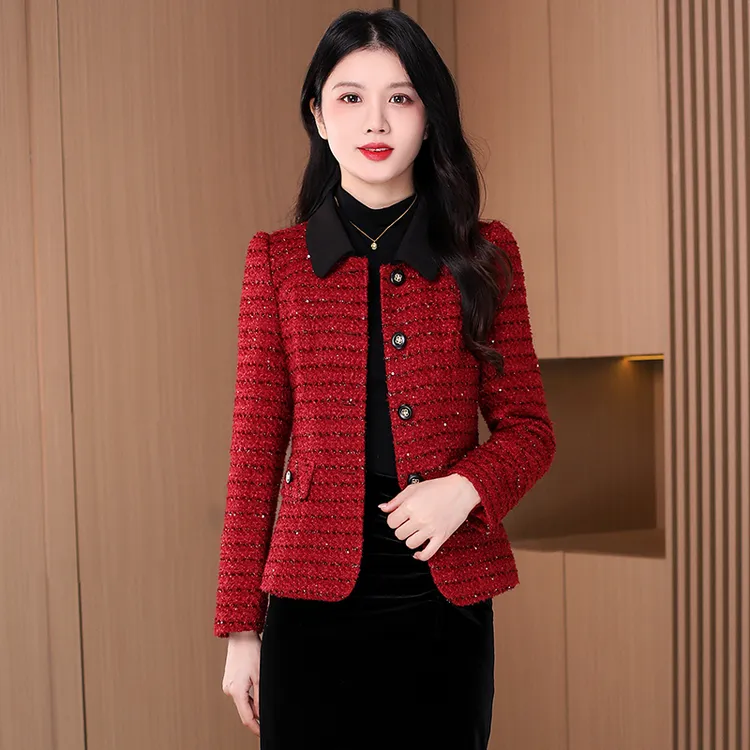 拉夏贝尔红色小香风外套女款爆款2025新款洋气衣服小个子短款上衣