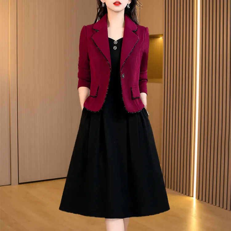 【拉夏】喜婆婆婚礼时尚结婚连衣裙2025早秋新款红色小香风两件套装