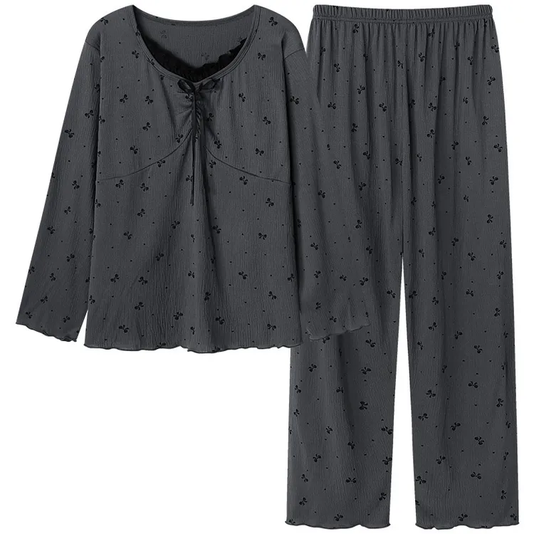 大码春秋季长袖长裤休闲带胸垫睡衣套装