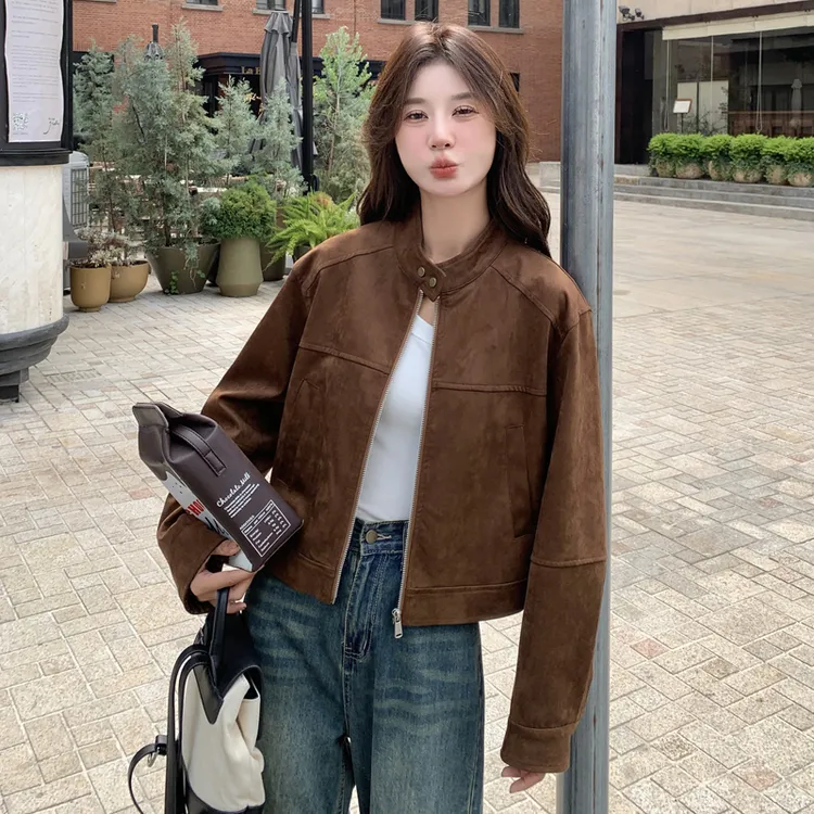 美拉德咖色麂皮绒外套女2025秋季新款美式复古又酷又飒炸街短夹克