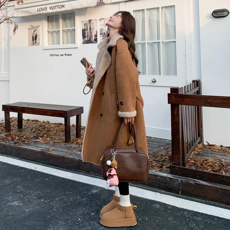 咖色高级感收腰中长款皮毛一体外套2025冬季新款复古加厚保暖棉服