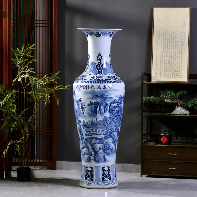 老师手绘观音瓶青花山水景德镇陶瓷落地大花瓶茶室客厅玄关大摆件