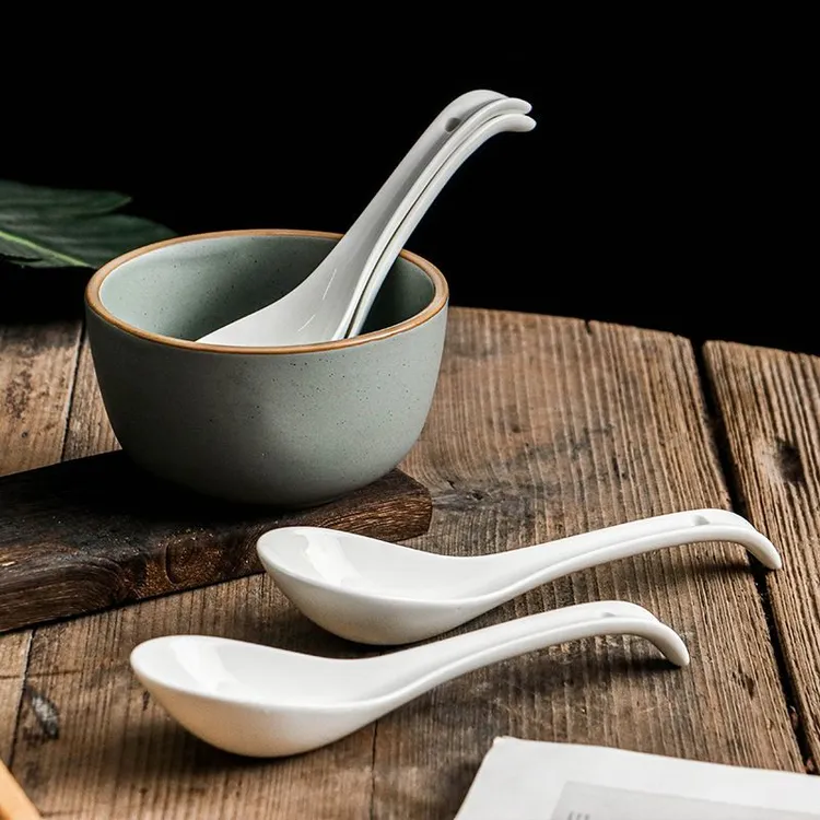 【纯白家用弯柄长勺】吃饭大勺头长柄吃水饺汤粉面专用勺大调羹商用