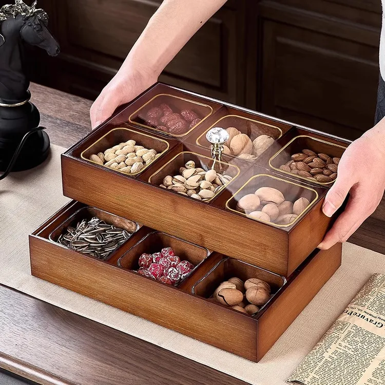 客厅家用干果盒过年瓜子糖果茶几实木坚果零食收纳水果盘茶点中式