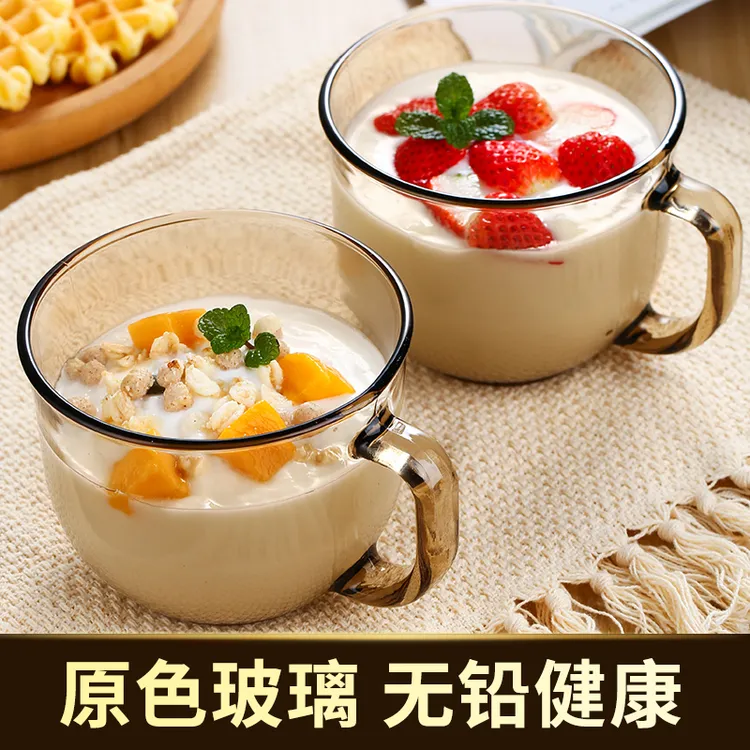 茶色玻璃杯子燕麦早餐杯家用耐热水杯大容量带盖勺咖啡杯女牛奶杯