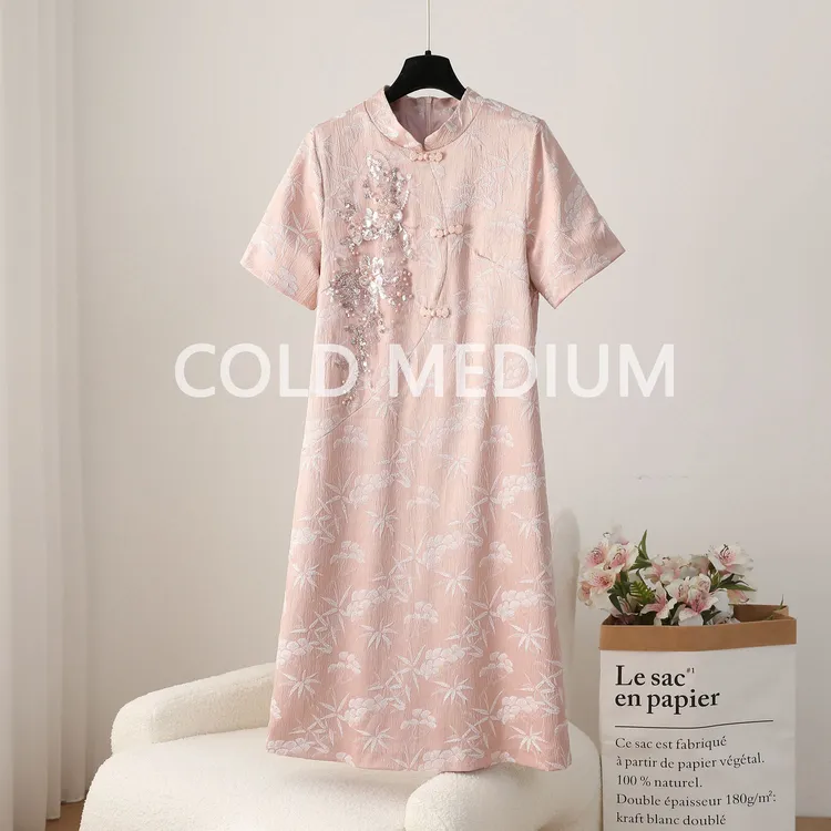 COLD MEDIUM轻奢新中式设计师女装重磅复古夏季提花立领连衣裙L16