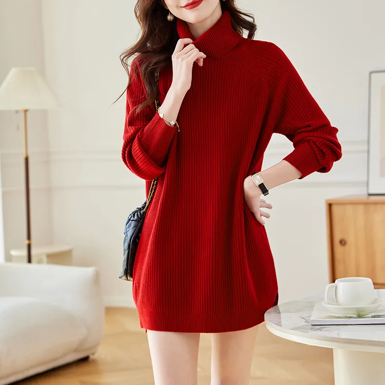 高领红色毛衣裙女秋冬季2023新款内搭中长款针织打底衫配大衣长裙