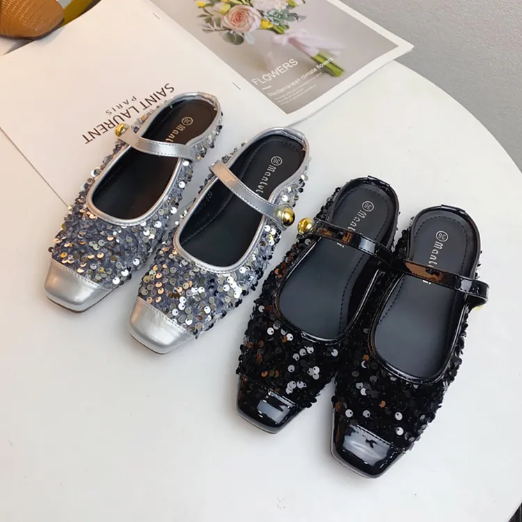 法式亮片银色包头半拖鞋女鞋子2024新款春夏季外穿气质玛丽珍单鞋