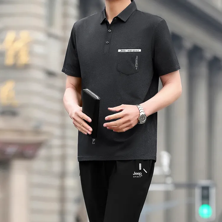 JEEP/吉普夏季男士运动套装中老年冰丝运动服夏装休闲翻领爸爸装