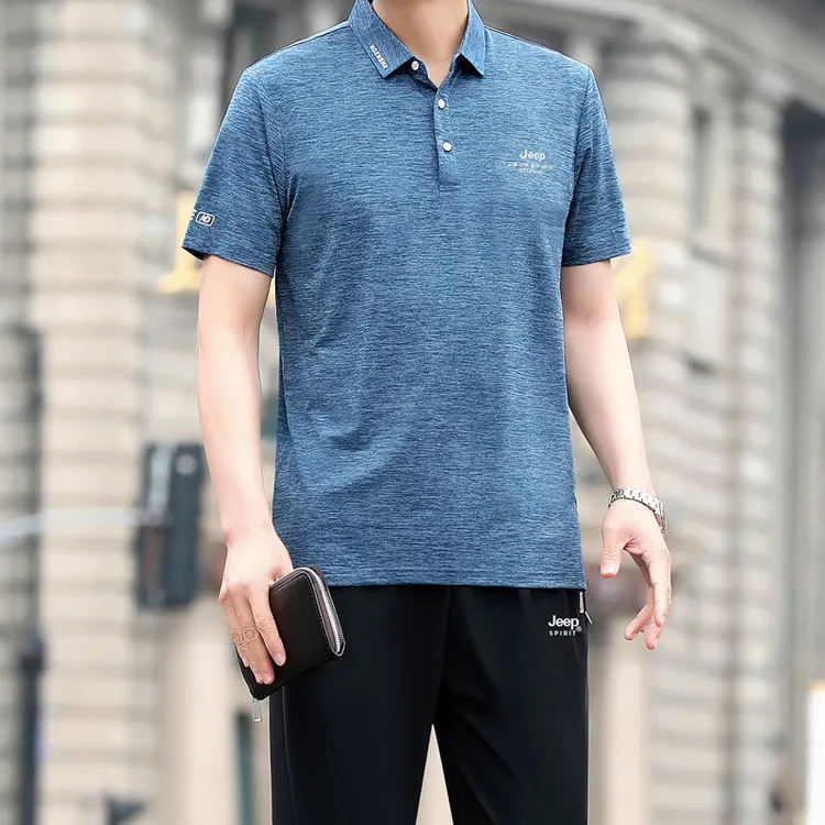 JEEP吉普夏季男士中老年运动套装大码翻领薄款冰丝两件套爸爸装