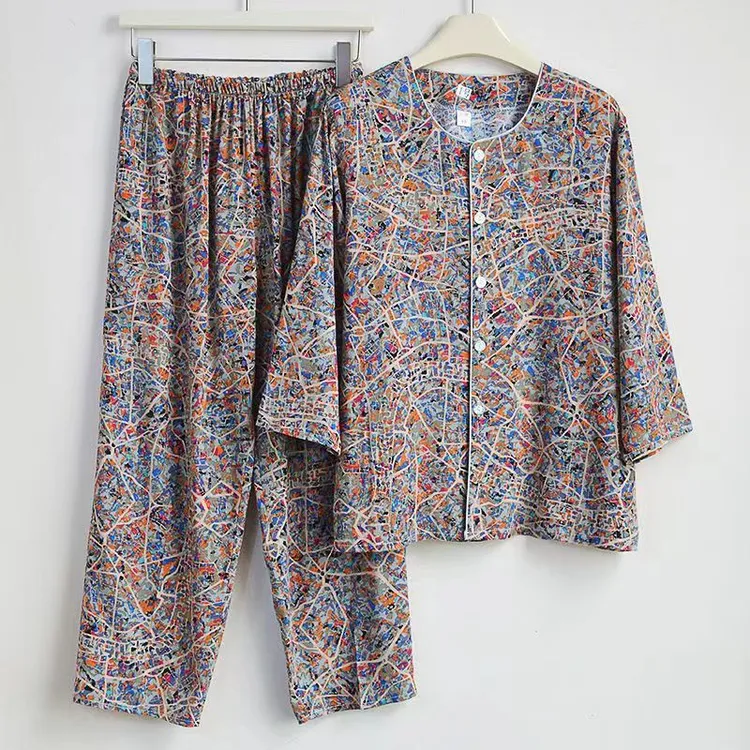 中老年妈妈装夏季薄款宽松老人老年人印花加肥大码棉绸套装家居服