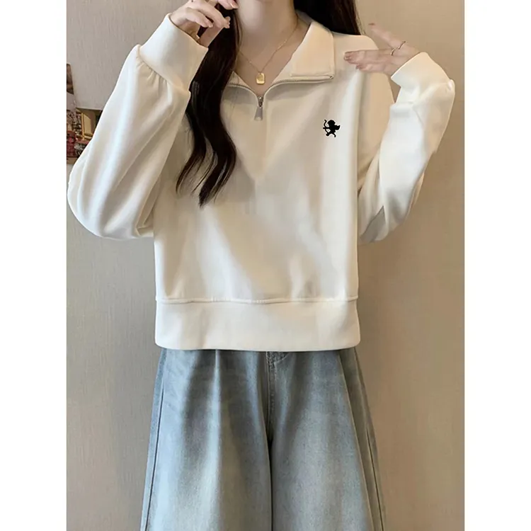 美式正肩polo领薄款长袖卫衣女春秋款胖mm休闲显瘦小个子短款上衣