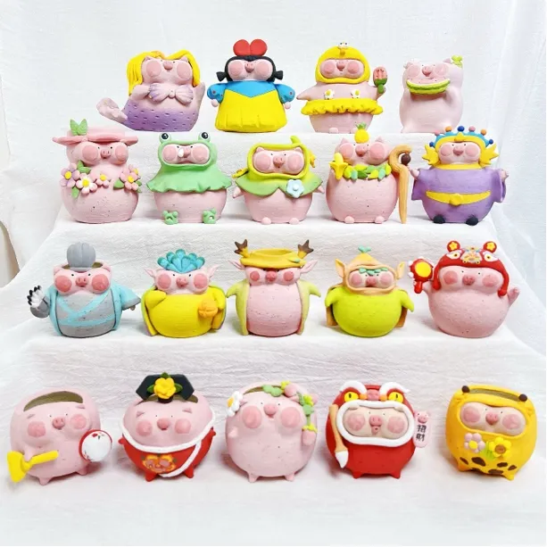 潮玩炏陶器物站立猪多肉粗陶泥透气易服盆拇指花盆可爱猪猪压盆石