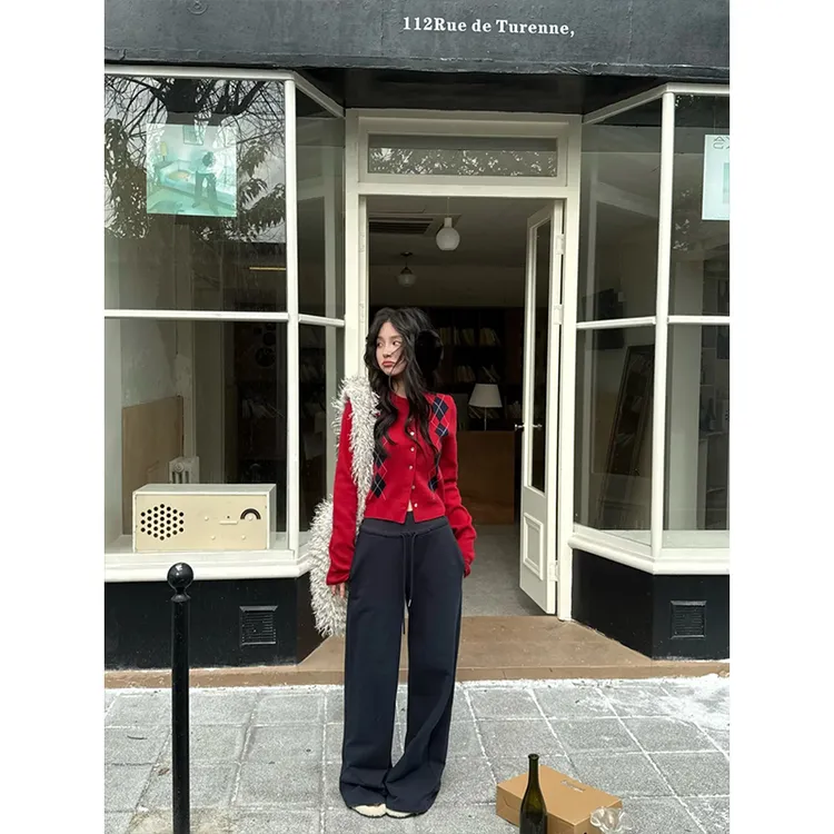 韩版单排扣气质显瘦毛衣女秋季新款时尚垂感抽绳阔腿裤时尚两件套