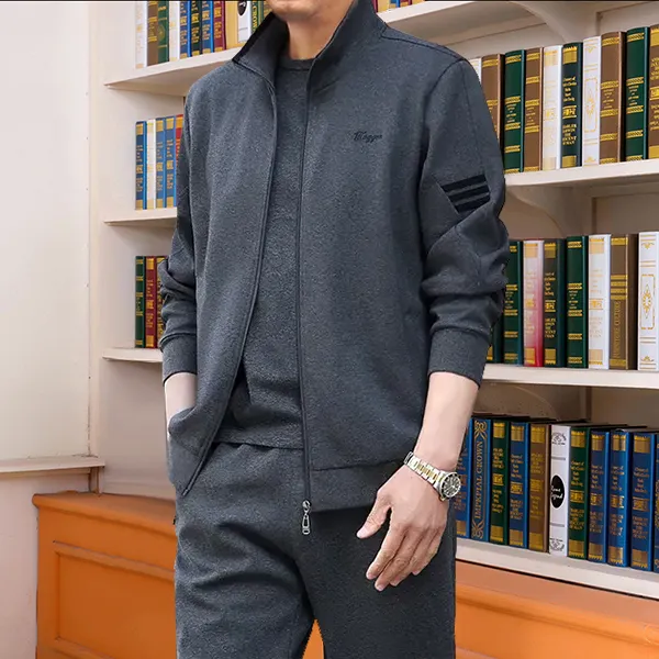 花花中老年男士运动服休闲套装春秋冬季加厚加绒爸爸套装父亲男装